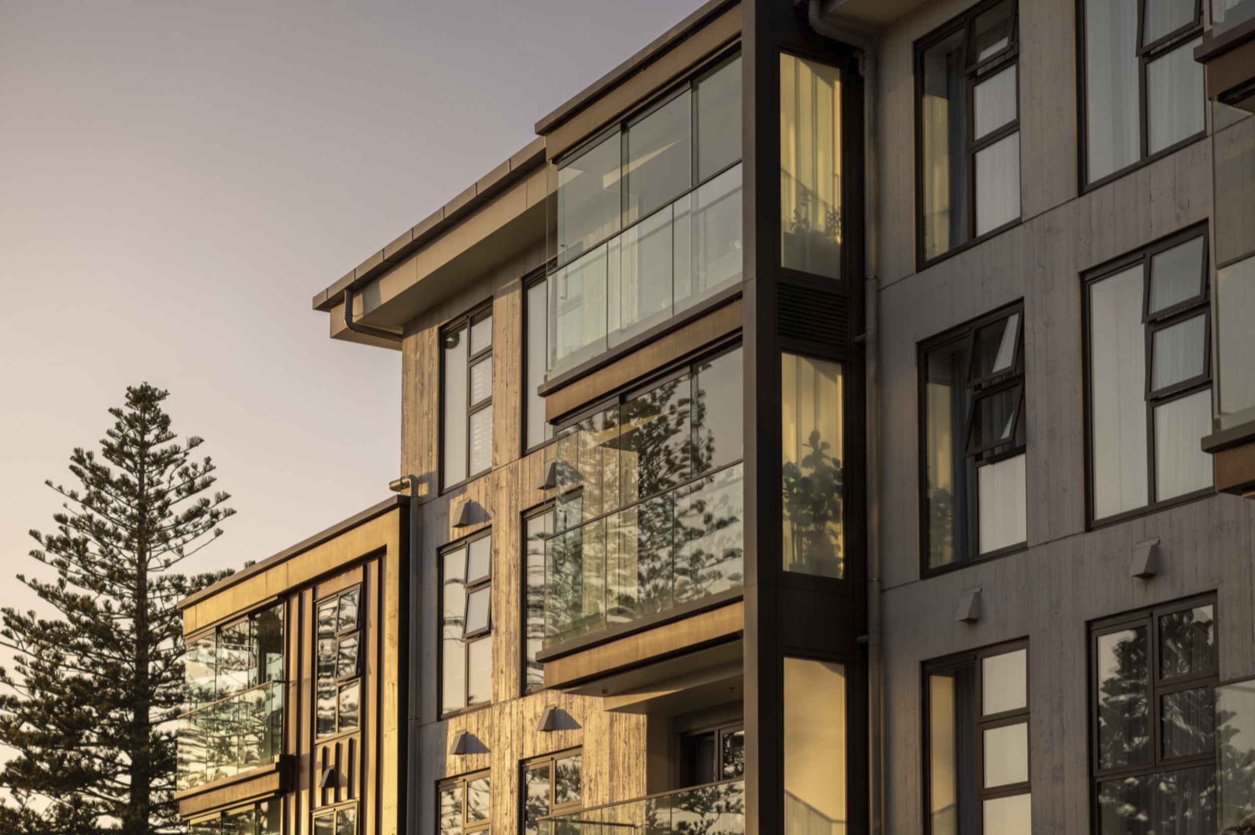 Modern multi-storey building with large glass windows and balconies in sunset lighting, with pine trees in the background
